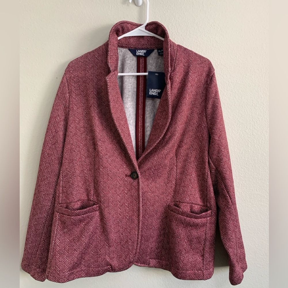 Lands' End Women Blazer Jacket Fleece Sz XL/P 16 Red Herringbone NWT